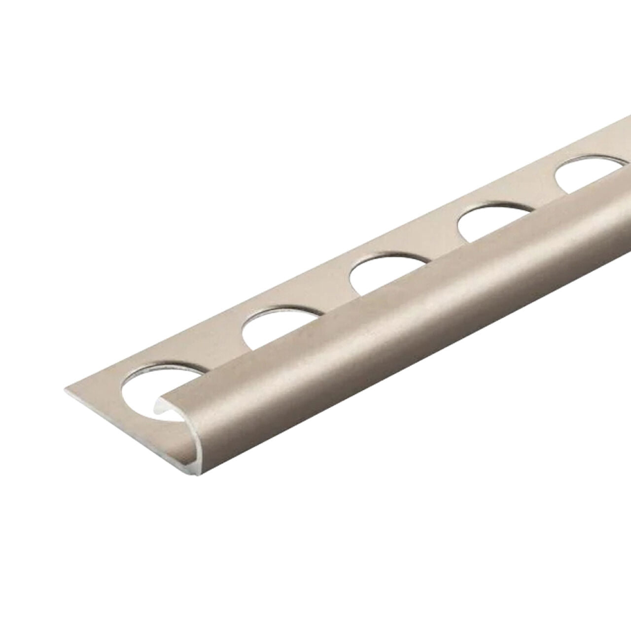 The Go Build 3/8 in. x 98-1/2 in. Aluminum R-Round Bullnose Metal Tile Edging Trim in Satin Nickel features a rounded edge with circular cutouts, offering durable tile protection and a stylish finish.